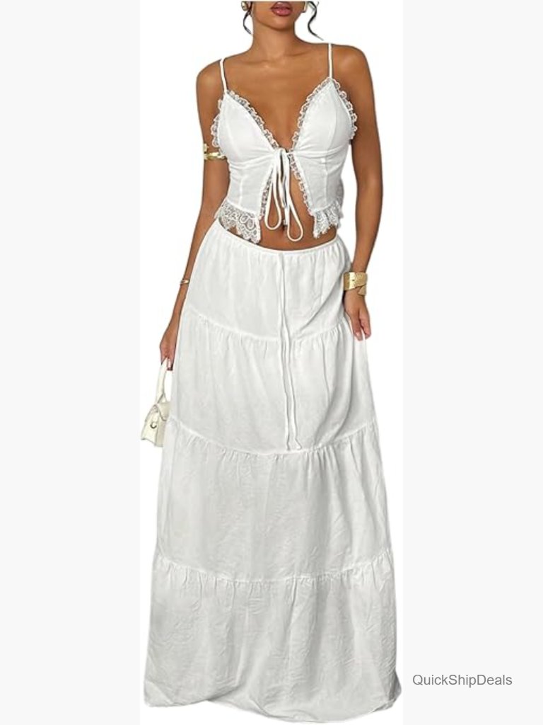 Boho Lace Trim Tie Front Camisole Top Summer Tiered Maxi Skirts Set